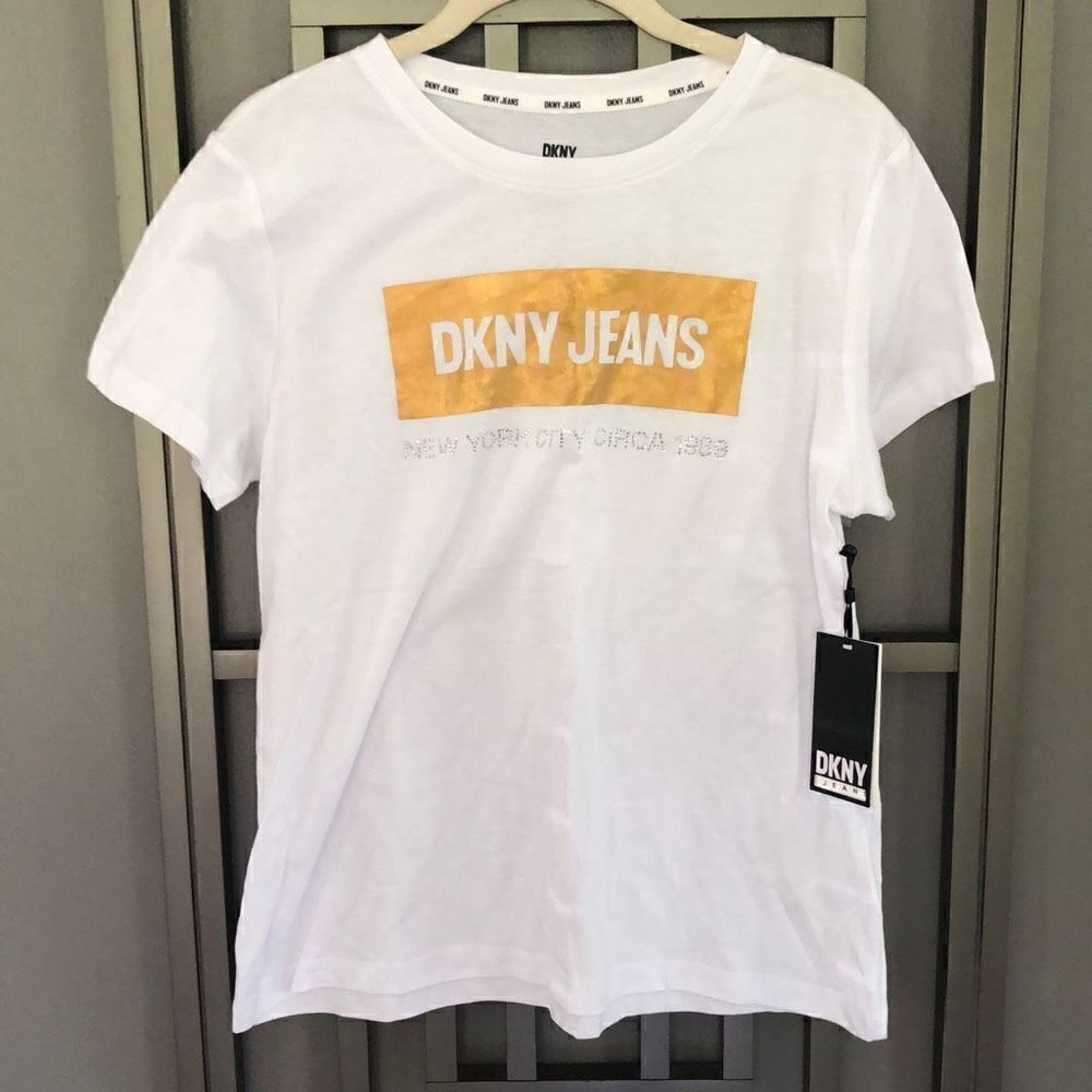 NWT DKNY New York City circa 1989 rhinestone gold white cotton top T-shirt size